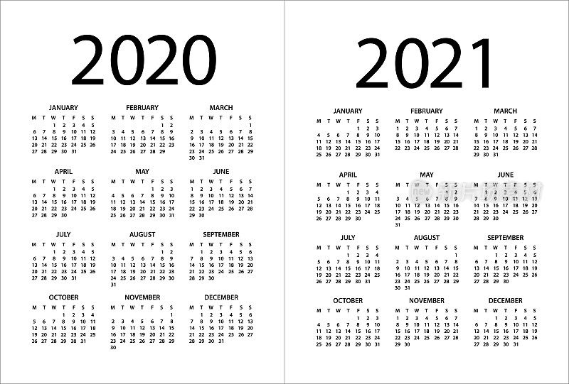 日历2020 2021 -插图。工作日从星期一开始